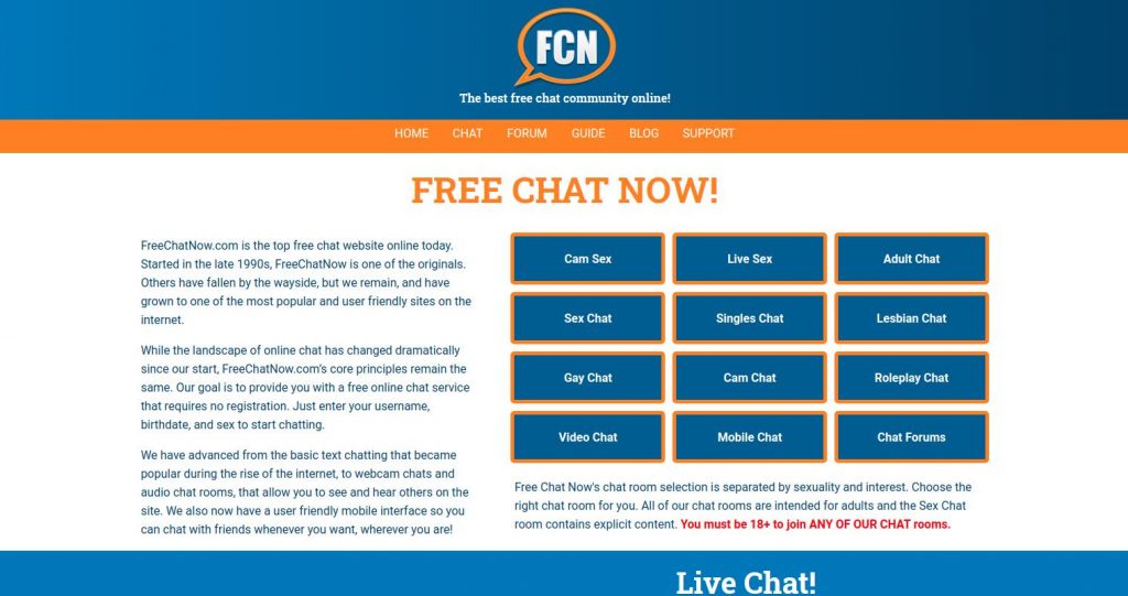FreeChatNow Home Page Screenshot